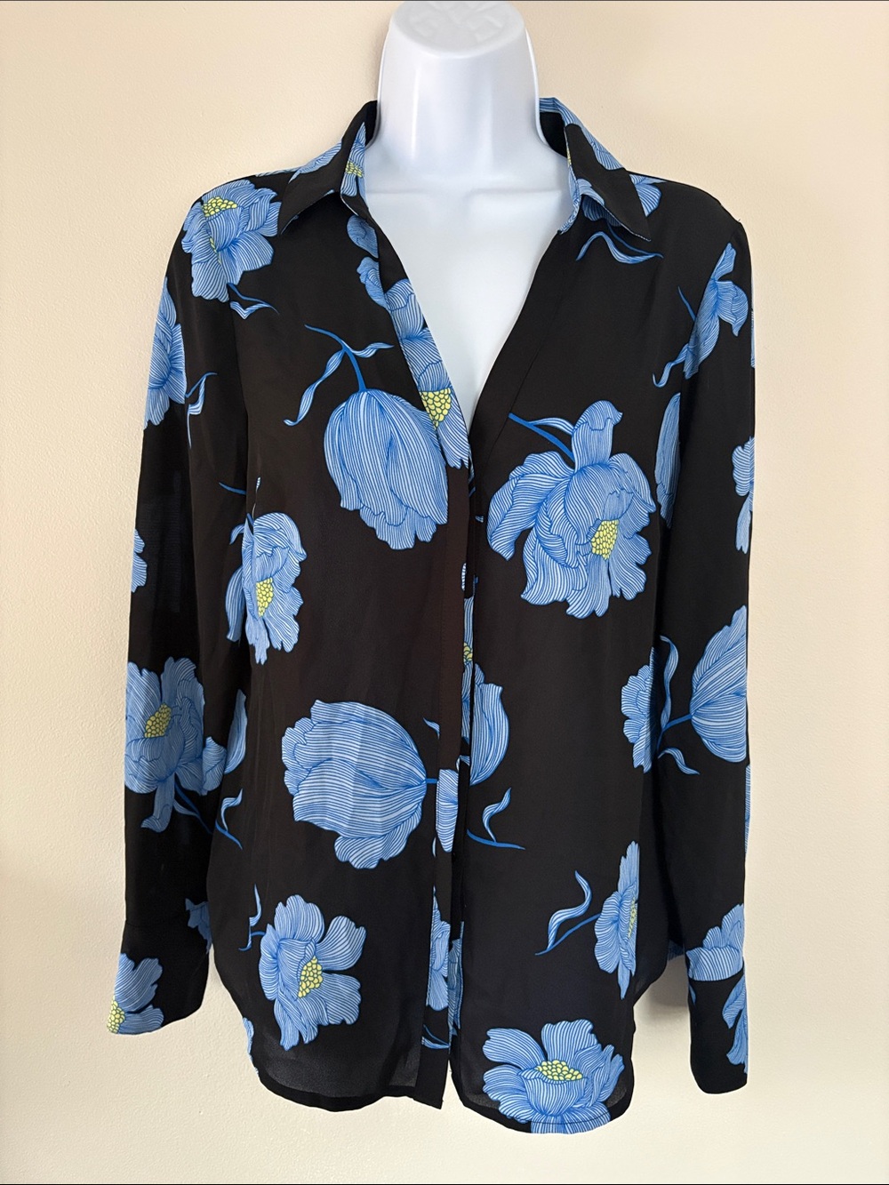 Worthington Shear Black Blouse with Blue Floral Print